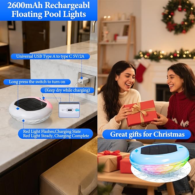 Solar Rechargeable Floating Pool Lights (2 PCS), 2600mAh Rechargeable Pool Lights with Remote, 6.7 Inch Solar Pool Lights That Float with 13 RGB Color Change, IP68 Waterproof Floating Light for Pools