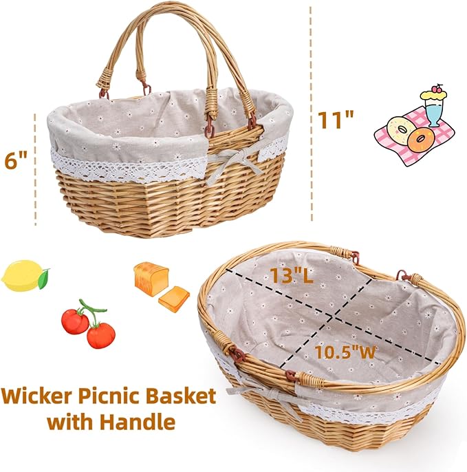 Dicunoy Wicker Picnic Basket with Handle, Large Empty Gift Basket to Fill, Open Top Market Harvest Baskets for Garden, Fruit, Candy, Wine, Easter Egg Gathering, Wedding, Vegetables