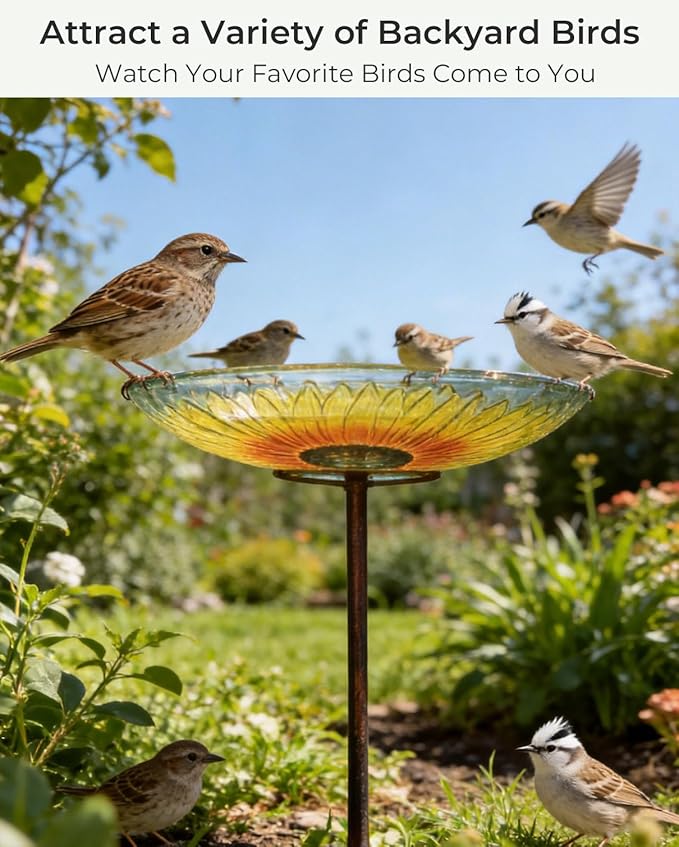 10.5" D Glass Bird Bath with Stake – Shallow Bird Bath for Outside Garden Backyard – Decorative Birdbath & Feeder for Patio Lawn – Hand-Painted Glass Water Dish, Sunflower