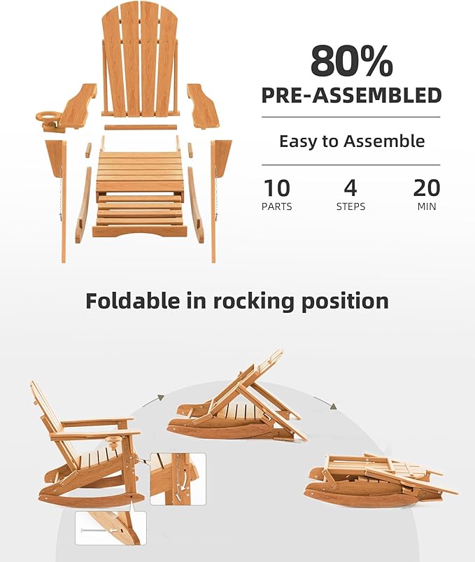 Folding Adirondack Rocking Chair Set of 4,4-in-1 Multifunctional Patio Chairs with Retractable Ottoman, Outdoor Chairs Wood Texture, Lawn Chair for Porch, Backyard, Pool(Teak)