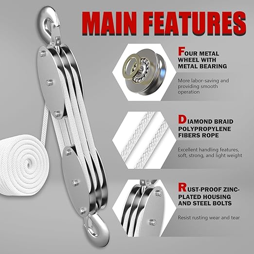 YATOINTO 1 Ton Rope Hoist Pulley System, Heavy Duty Block and Tackle(White) | 50FT Polypropylene Fibers Rope, 6:1 Lifting Power, Metal Bearing Design, Rust-proof Zinc-plated Housing w/Alloy Steel Hook