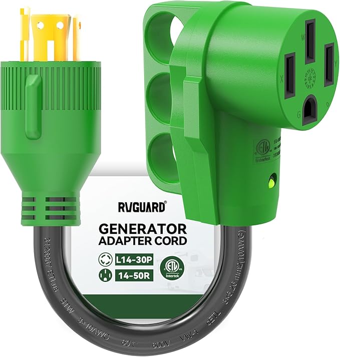 RVGUARD 4 Prong 30 Amp to 50 Amp RV Generator Adapter Cord 12 Inch STW, L14-30P Locking Male Plug to 14-50R Female with LED Power Indicator, Green