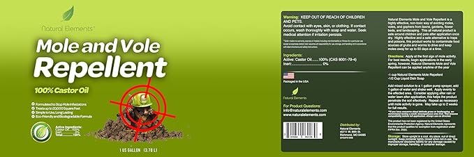 Natural Elements Mole and Vole Repellent – 100% Castor Oil Formula – Lawn and Yard Treatment – Covers Large Areas – 128 oz (1 Gallon)