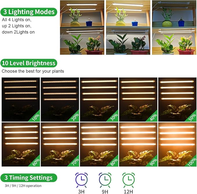 RWNTAO LED Plant Growing lamp Strips, Full Spectrum 3500K Grow Light for Indoor Plants with 3/9/12H Timer and 10 Dimmable Levels for Green House Hydroponics Succulent，4 Head 13 Inches