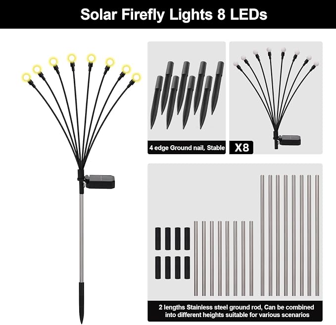 Firefly Lights Solar Outdoor, 8 Modes 800mAh Swaying Solar Firefly Garden Lights Stakes Outdoor Waterproof for Outside Yard Patio Plant Christmas Holiday Garden Decor Warm White(8 Pack)