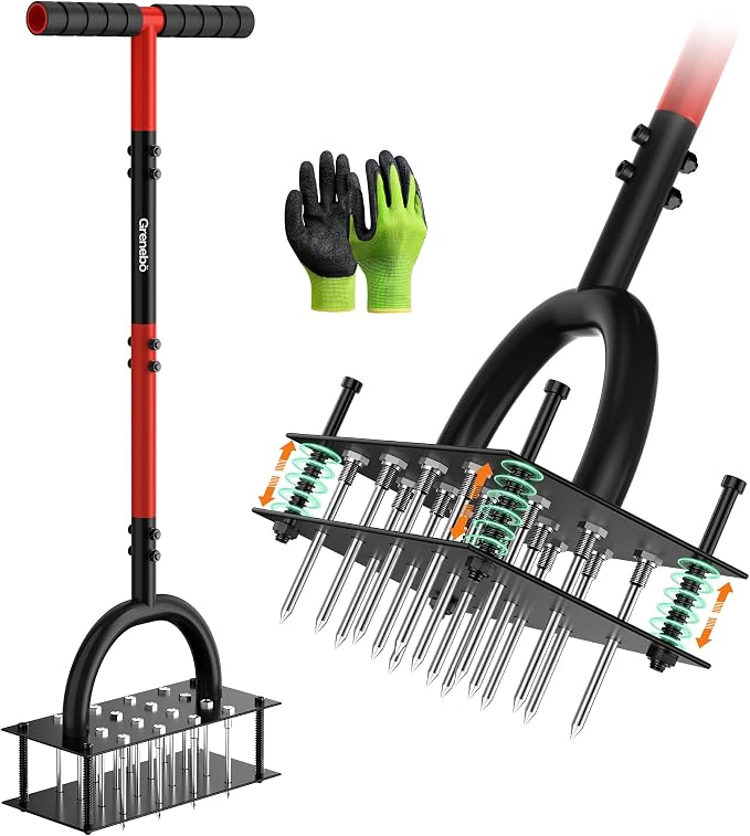 Grenebo Lawn Aerator Manual Aerator Lawn Tool with 16 Spikes, Metal Grass Aerator for Yard, Lawn Aeration, Automatic Soil Ejection, Pre-Assembled Lawn Aerator Tool (Black Red)