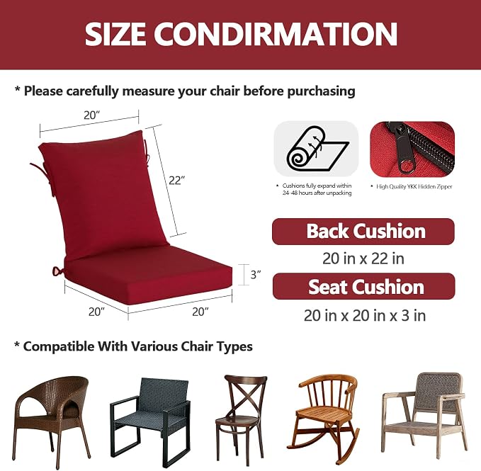 Goodgoods 20"x42" Outdoor Dining Chair Cushion Set of 1 Patio Furniture Cushion Resilient Foam Filling Water-Proof Stain-Resistant UV Resistant Weather Resistant Chairs Couch Sofa Upholstery Chili