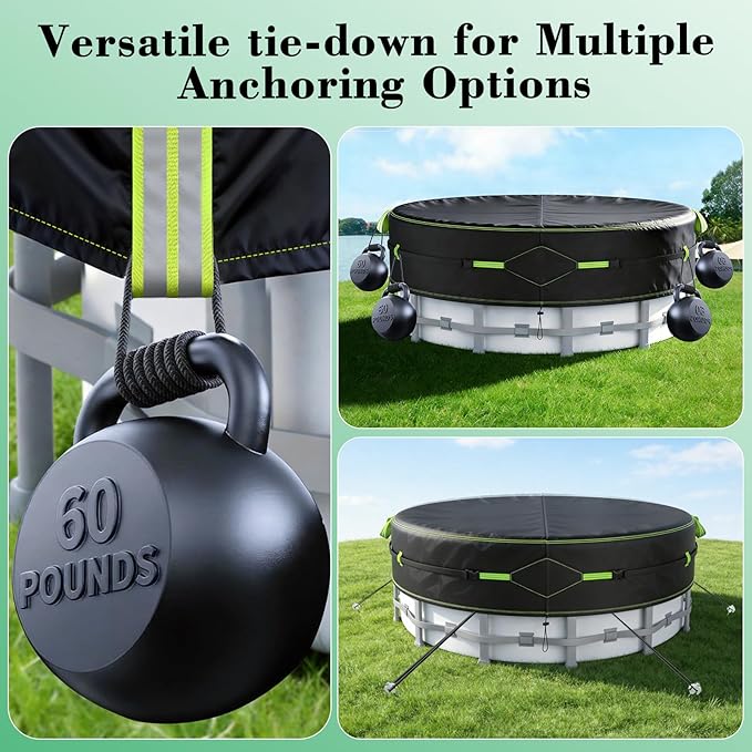 14Ft Round Pool Cover for Above Ground Pools, Safety Solar Pool Covers with Reflective Strips, Rope and Luminous Nails, Upgraded Thicker Oxford, PU Tarp Snug, UV Protected, Windproof, Tear Resistant