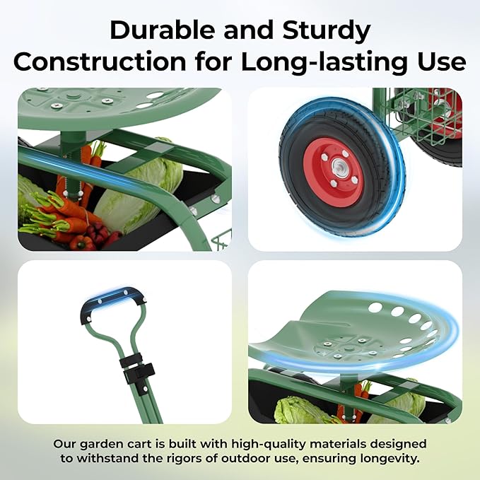 Garvee Garden Cart Rolling Workseat with Wheels, Gardening Stool for Planting, 360 Degree Swivel Seat with Steering Handle & Utility Tool Tray, Use for Patio, Yard, and Outdoors, Green