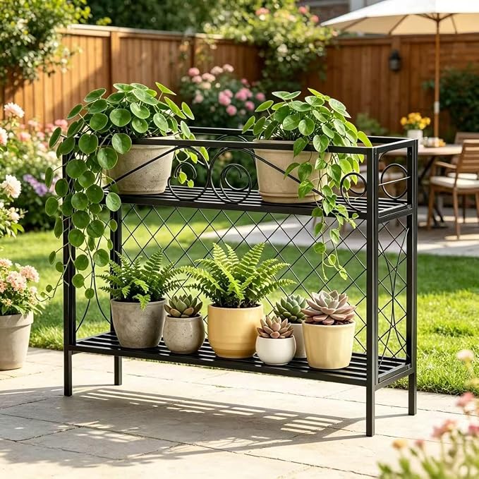 Zhongma 2 Tier Metal Sturdy Narrow Plant Stand, 47.24L x 12.6 W x 35.43 H inch, Indoor and Outdoor Heavy Duty Metal Plant shelf for Small Spaces 440 LBS Capacity
