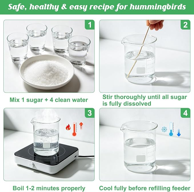 FEED GARDEN Glass Hummingbird Feeder, 16oz Outdoor Hanging Bird Feeder with Ant Moat, 4 Bee-Proof Feeding Ports, 360° Perch, Leak-Proof, Green