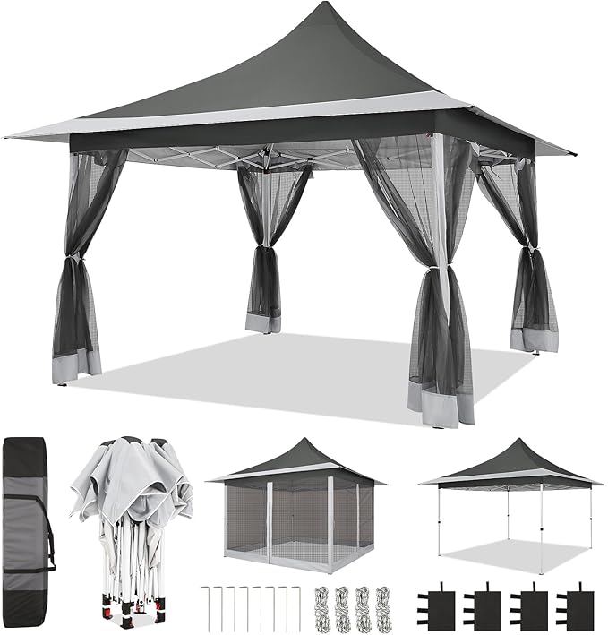 COBIZI 12x12 Pop up Canopy Gazebo on Clearance, Outdoor Canopy Tent with Mosquito Netting & Sandbags,Patio Portable Gazebo for Garden,Backyard & Lawn,Darkgrey