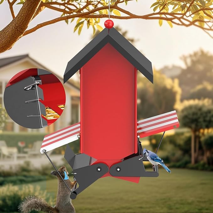 Squirrel Proof Bird Feeders,ScinDa Bird Feeders for Outdoors Hanging with Bilateral Weight-Activated Perches for Attracting Finch, Cardinal,Bluebird(Red)