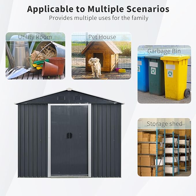 YOPTO 8x4 FT Outdoor Storage Shed,Metal Shed with Window & Floor,Garden Shed W/Air Vent & Lockable Sliding Door,All Weather Waterproof Tool House W/Sloped Roof,for Backyard,Patio,Lawn,Black+White