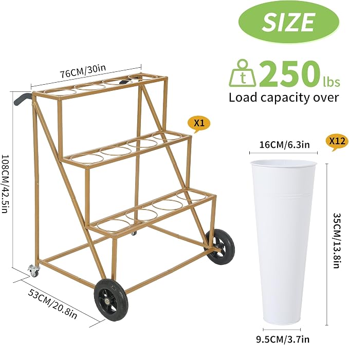 Flower Bar Stand with 12 Iron Buckets - Flower Display Stand with Big Wheels - Hand-Pushed Moving Flower Cart for Garden and Wedding - 3 Layers Gold Florist Bouquet Holder