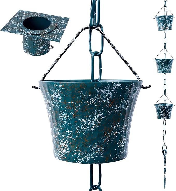 Rain Chain for Gutters with Adapter, Not RustWrought Iron Rain Chains Set 8.5 Ft, Gotta Drain with Anchoring Stake, 14 Cups, 1 Hook, Adjustable Gutter Downspout for Outdoor(Green)