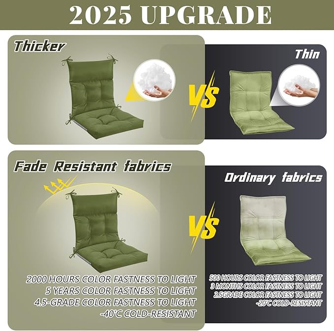 Sintuff 2 Pcs 44 x 21 x 4 Patio Chair Cushions Outdoor Chair Cushion Seat/Back Tufted Pillow with Ties Water Resistant Replacement Indoor Patio Furniture Outdoor Furniture (Solid Color,Moss Green)