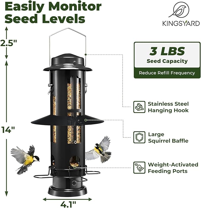 Kingsyard Squirrel Proof Bird Feeders with Weight-Activated Perches, Metal Wild Bird Feeder for Outdoors Hanging, 3 lb Large Seed Capacity, Black