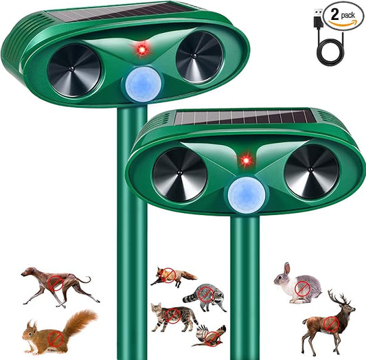 2Pack Ultrasonic Deer Repellent Devices Solar Animal Repellent Outdoor with Motion Sensor to Keep Cat Rabbit Raccoon Out of Yard Garden Squirrel Fortress Pro IP65 Waterproof Deer Deterrent for Plant