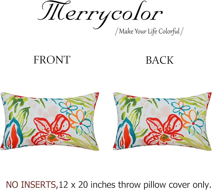 Merrycolor Set of 2 Outdoor Throw Pillow Covers 12x20 Inch Colorful Decorative Waterproof Outdoor Lumbar Pillows for Patio Furniture Tent Balcony Couch Sofa