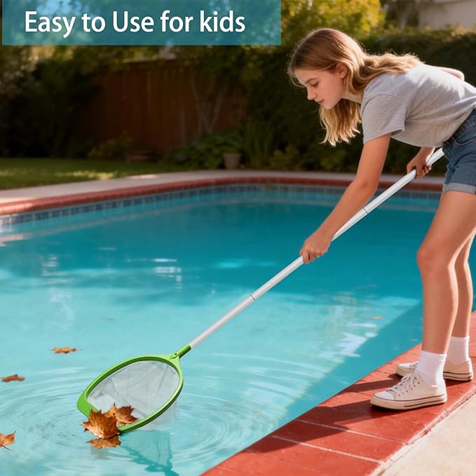 Pool Skimmer Net with 6-Section Reinforced Aluminum Pole, Deep Ultra Fine Mesh Leaf Skimmer Rake for Fast Debris Removal, 56.3" Adjustable Length for Cleaning Swimming Pools, Spas, Tubs & Ponds