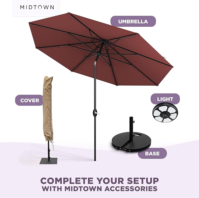 Midtown Umbrellas - 10-Year-No-Fade 10 Ft Patio Umbrella with Terylast Fabric, Auto-Tilt Aluminum Frame and 8 Reinforced Ribs for Deck, Pool, Garden & Beach - Cherry Burgundy Canopy, Black Pole