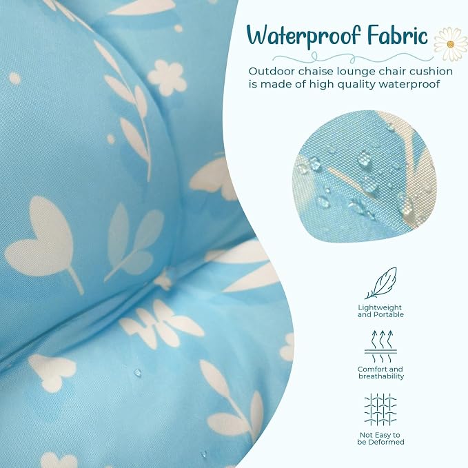 2 Pcs Outdoor Chaise Lounge Chair Cushion 75.1 x 22.8 x 4.7 Inches 100% Waterproof Replacement Cotton Patio Pool Lounge Chair Cushion for Outdoor Furniture with Ties, Blue Daisy