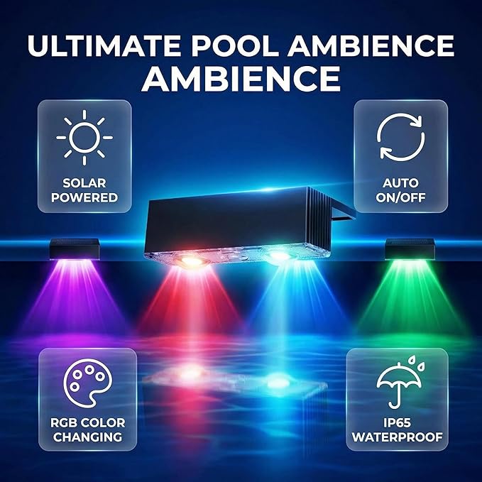 4 Pack Solar Pool Lights for Above Ground Pools, Swimming Inground Pool LED Lighting Solar Powered, Outdoor Poolside Fence Deck Accessories Decor