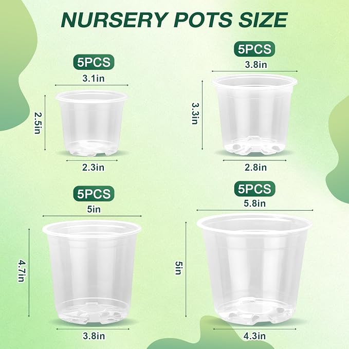 3/4/5/6 Inch Nursery Pots, 20 Pack Clear Nursery Pots with Drainage Holes, Durable Plastic Clear Pots for Plants Indoor and Outdoor, Seedling Pots for Shrubs, Herbs, Flowers, Vegetables