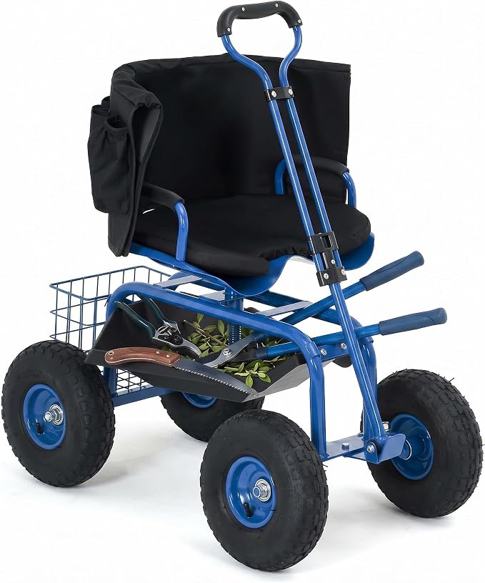 Garden Cart Rolling Workseat with Wheels, 360° Swivel Gardening Stool, Extendable Steering Handle & Utility Tool Tray, 10-Inch Inflatable Tires, Reinforced Steel Construction for Patio, Yard, Outdoor