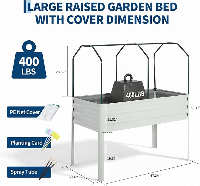 48×24×56in Galvanized Elevated Raised Garden Bed with Legs, Greenhouse Cover & Bird Net, Deep Metal Raised Planter Box for Backyard Patio Balcony Vegetables Herbs Flowers