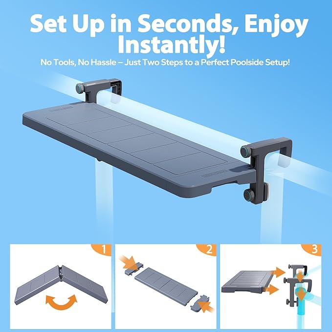 POOLHACKER Poolside Bar, [Original] Swim Up Bar Exclusively for Above-Ground Round Pools. Patio Poolside Table Smart Fold Easy Maintenance, Weather Resistant Stable Tabletop (Phantom Gray)