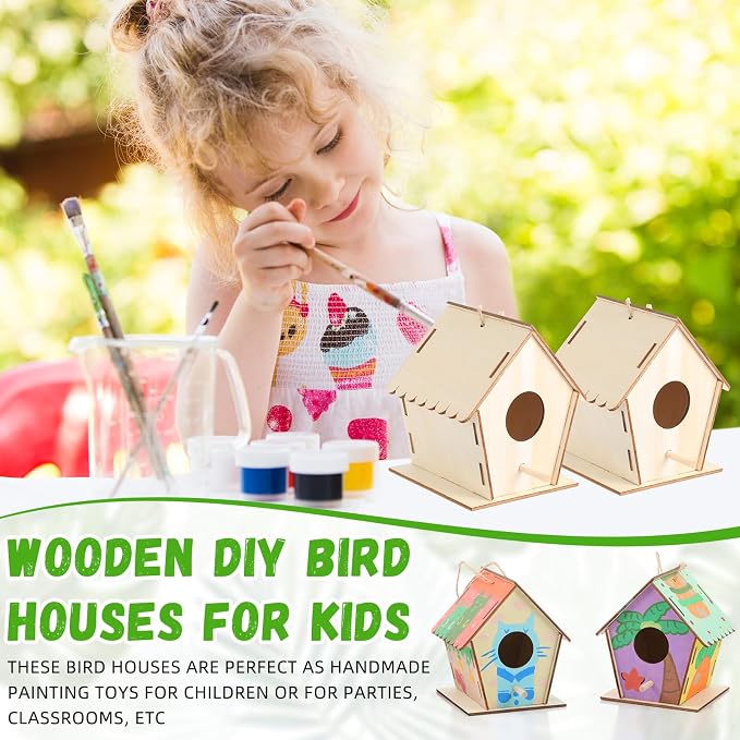 DoubleFill 72 Pack 4.3" Wooden Bird Houses Bulk for Kids with Front Perch Peg, DIY Kid Art Craft Outdoor Birdhouse Kit Unfinished Hanging Birdhouse Class Activity for Girls Boys to Build and Paint