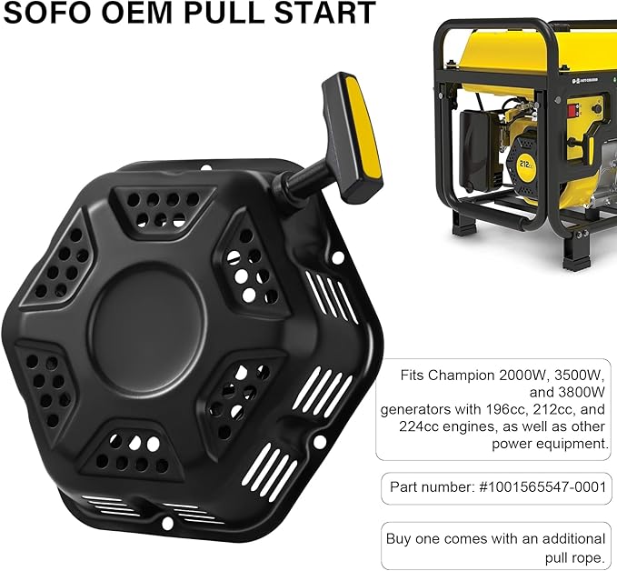 SOFO Original Pull Start Assembly for Champion 196cc 208cc 212cc 224cc 3000 3500 4000 4500 Watt 5.5hp 6.5hp Engine CPE Generator Water Pump Pressure Washer Recoil Starter Pull Cord Replacement