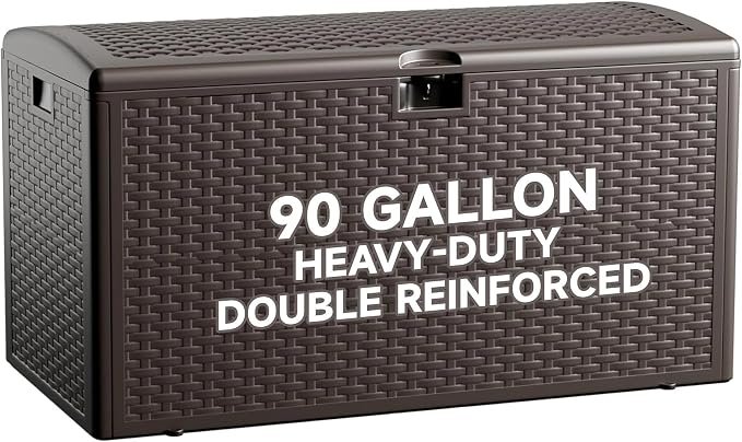 90 Gallon Resin Deck Box, Double Layer Waterproof & Outdoor Indoor Lockable Storage Box for Patio Furniture Cushions Garden Tools (Brown)