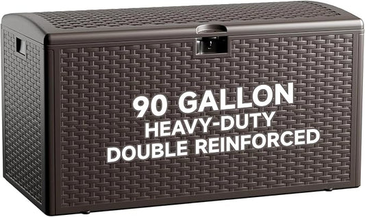 90 Gallon Resin Deck Box, Double Layer Waterproof & Outdoor Indoor Lockable Storage Box for Patio Furniture Cushions Garden Tools (Brown)