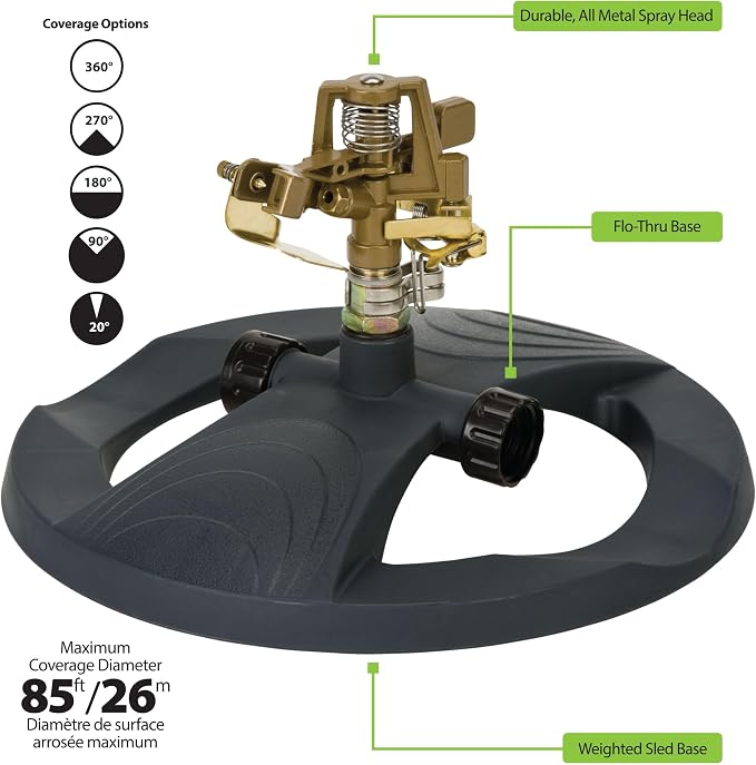 Melnor 65195AMZ Deluxe Pulsating Lawn Sprinkler, 85 ft. Diameter Coverage, Adjustable Watering Pattern, Metal Spray Head, Weighted Sled Base, Grey