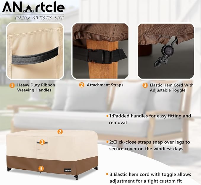 ANartcle Patio Coffee Table Cover, 600D Waterproof Heavy Duty Rectangular Outdoor Table Cover,Patio Furniture Covers,48 x 28 x 16 inch,Beige&Brown.