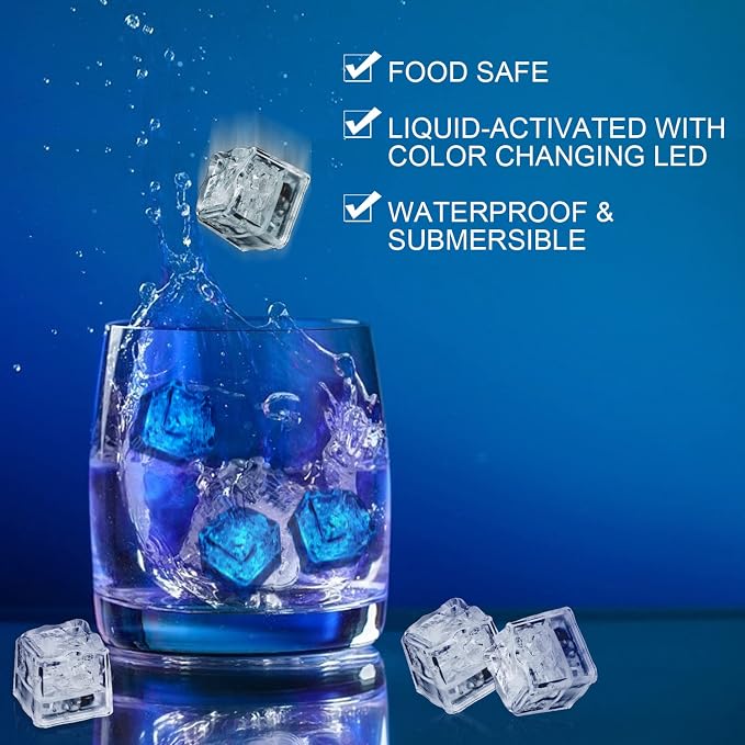 Light Up Ice Cubes for Drinks, 48PCS LED Blue Led Ice Cubes Liquid Activated, Glow in The Dark Waterproof Ice Cubes for Home Bar Supplies Summer Party Wedding Decor