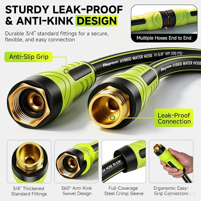 Garden Hose 100ft x 5/8", NON-EXPANDABLE Water Hose Heavy Duty, Flexible, Lightweight, Kink Resistant & Outside Hybrid Hose, Male to Female Fittings