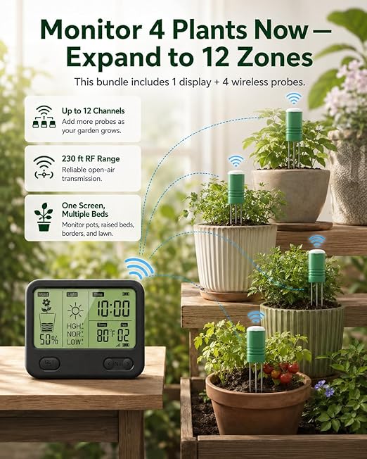 Soil Moisture Meter for Plants, 12-Zone Wireless Plant Water Meter, Soil Thermometer and Light Sensor, 4-in-1 TDR Tester, 230ft Range, IPX5 Waterproof for Indoor Outdoor Garden Lawn (Display+4 Sensor)