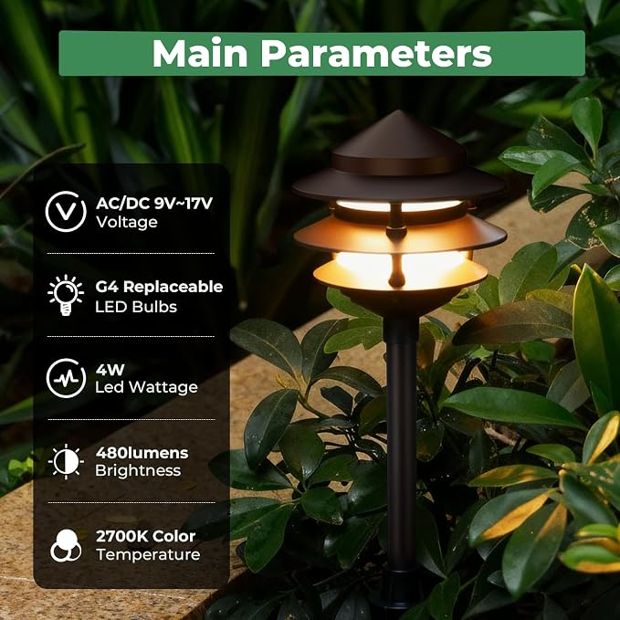 Gardencoin Pagoda Low Voltage Landscape Pathway Lights, 12V Outdoor LED Path Lights Wired, Aluminum Walkway Lighting with 4W 2700K Replaceable G4 Bulb, Bronze Classic 3-Tier Lantern, 12 Pack