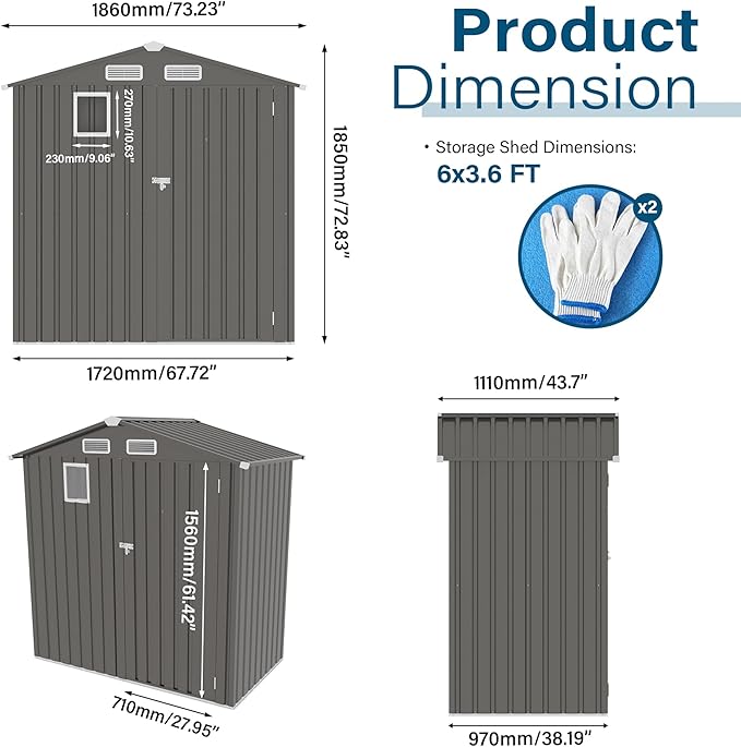 6x3.6FT Metal Storage Shed Outdoor Garden Tool Shed, Galvanized Steel Weather Resistant Compact Backyard Organizer, Lockable Utility Storage House for Patio Courtyard Equipment Storage with Vent