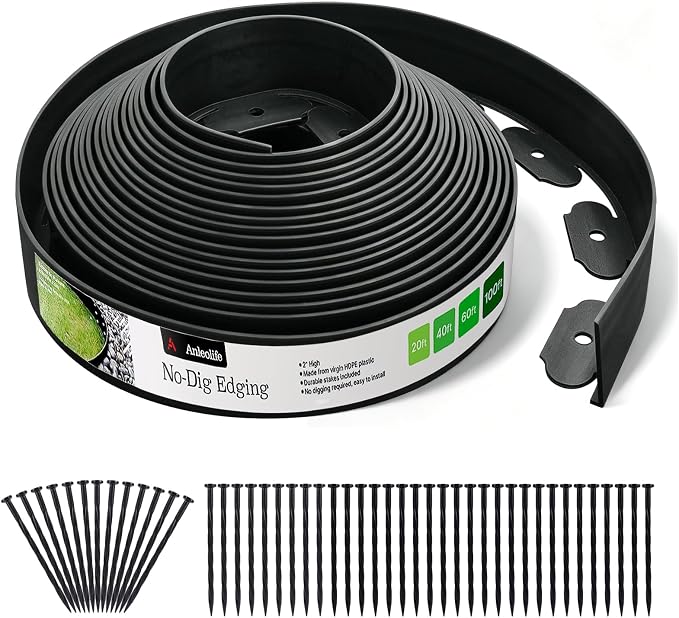 No Dig Durable Garden Landscape Edging Kit, 2" Tall Black Plastic Lawn Border for Landscaping, Flower Gardens, Lawn (100FT+ 120pcs Anchoring Spikes, Black)