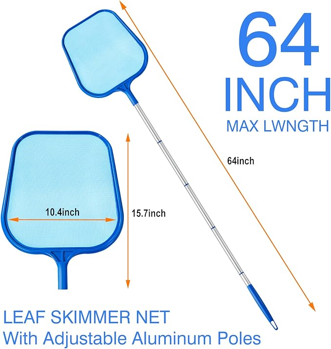Pool Skimmer - Pool Skimmer Net with 5 Section Adjustable Telescopic Aluminum Pole, 25''- 64'', Pool Net Skimmer Rake with Ultra Fine Mesh , Pool Leaf Skimmer for Swimming Pools, Spas, Hot Tubs