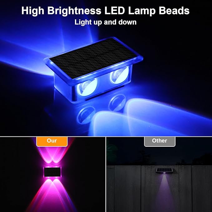 Solar Fence Lights Outdoor Waterproof LED, New Up Down Glow Wall lights Solar Powered with 8 Modes 6 Color Changing Warm White & RGB Cycling, Solar Patio Light for Backyard Railing Deck Decor-12 Pack