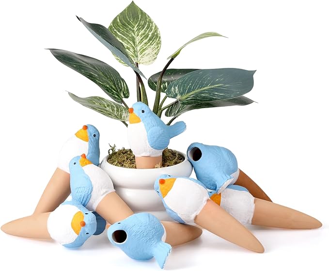 Sliner 8 Pack Bird Shaped Plant Watering Globes Self Watering Planter Insert Terracotta Irrigation Globe Devices with Slow Release Automatic Water Spike for Indoor Outdoor Potted Plant(Blue)
