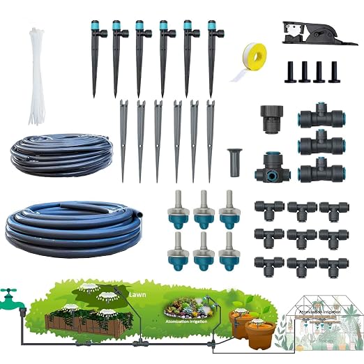 Drip Irrigation System for Garden Plug-in Quick Connection Drip Irrigation Kit 5/16“ID and 1/4 Inch Pipe Watering System for Garden Spray, for Greenhouse, Lawn, Potted Plants