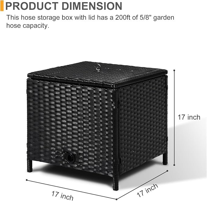 Decorative Garden Hose Storage Box with Lid, Weather Resistant Handwoven PE Rattan Water Hose Holder, Storage For Garden Tools, 200FT 5/8'' Hose Capacity