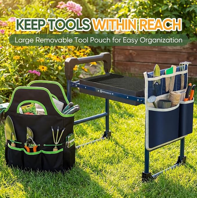 Garden Kneeler and Seat, Heavy Duty Anti-Tip Foldable Gardening Stool Bench Kneeler with Widened Thicken Kneeling Pad & Tool Bag, Gardening Gifts for Seniors, Gardeners, Women, Men, Fathers
